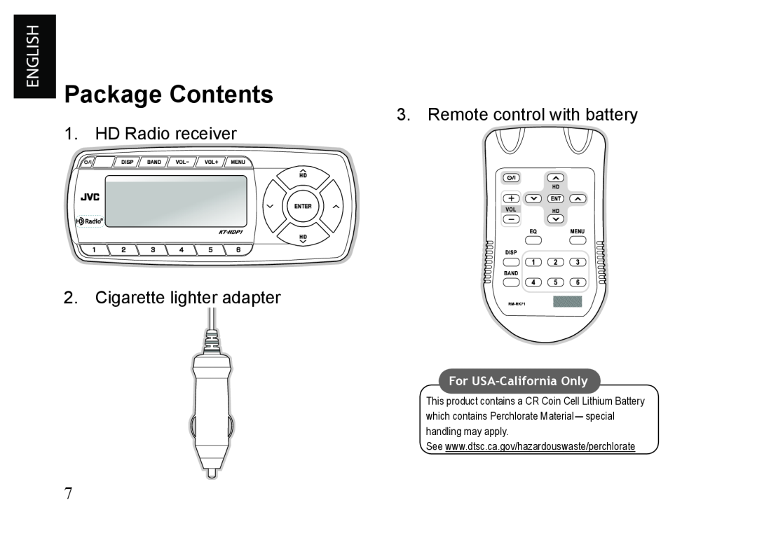 JVC KT-HDP1 manual Package Contents, Remote control with battery, HD Radio receiver 2. Cigarette lighter adapter 