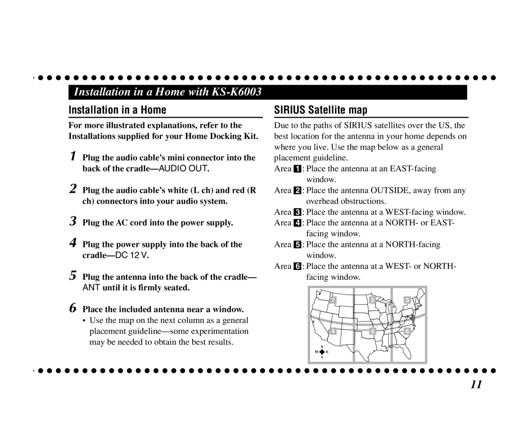 JVC KT-SR1000 manual Installation in a Home with KS-K6003, Sirius Satellite map 