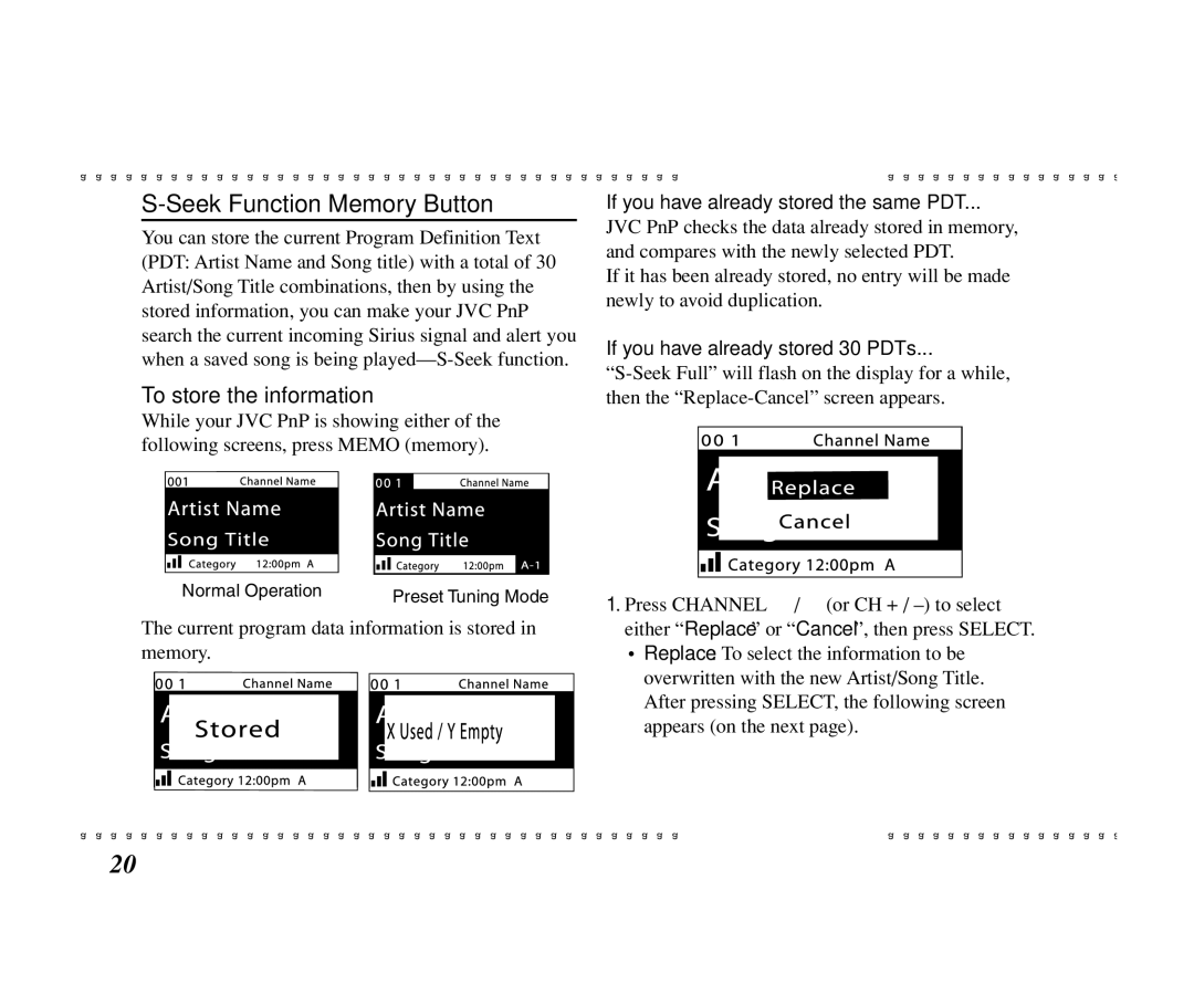 JVC KT-SR1000 manual Seek Function-Memory Button, To store the information, If you have already stored the same PDT 