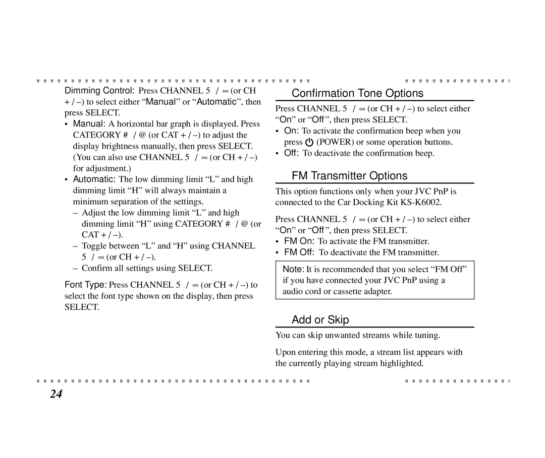 JVC KT-SR1000 manual Confirmation Tone Options, FM Transmitter Options, Add or Skip 