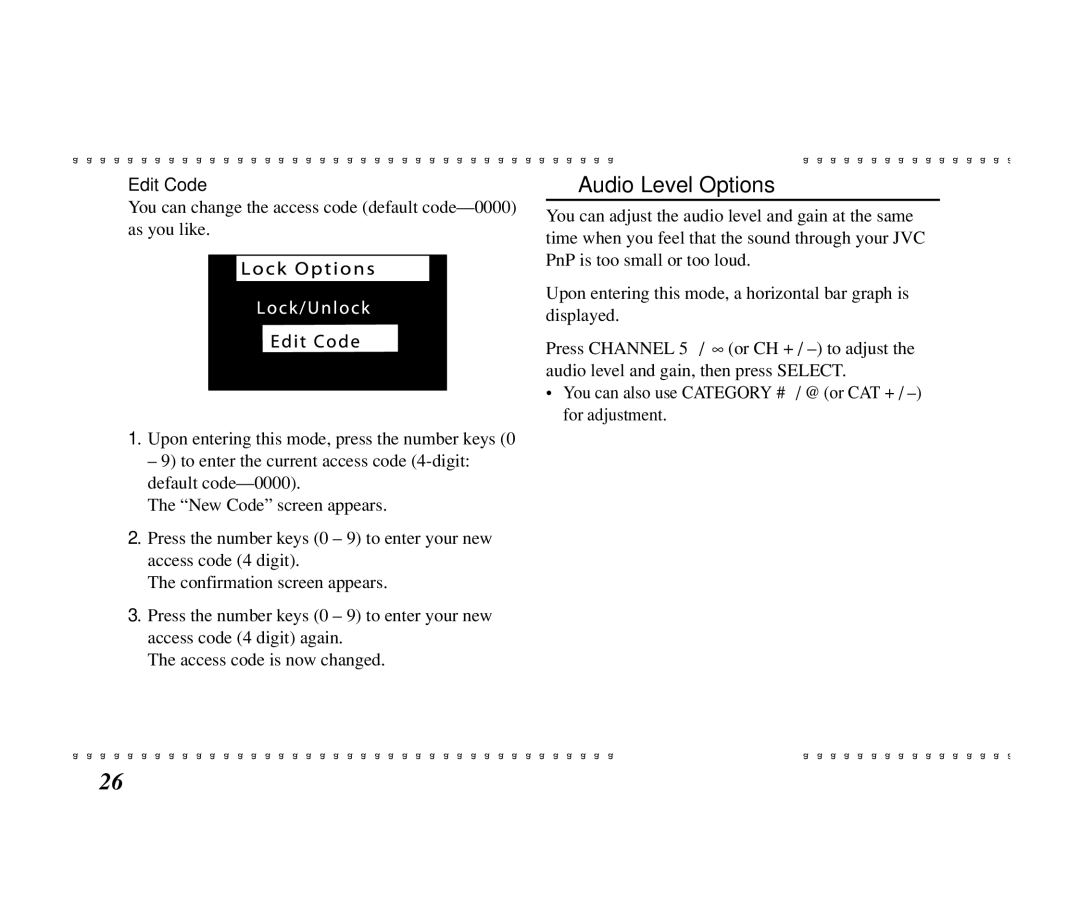 JVC KT-SR1000 manual Audio Level Options, Edit Code 