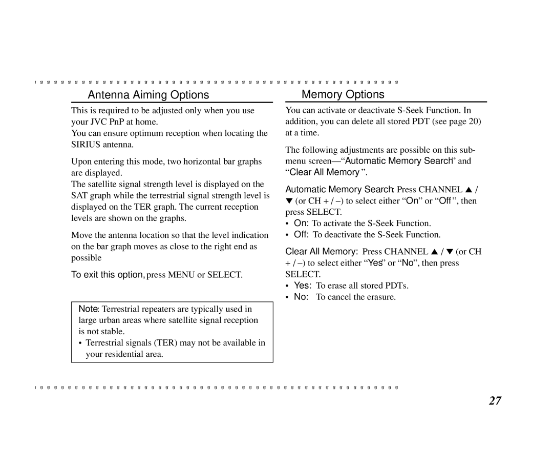 JVC KT-SR1000 manual Antenna Aiming Options, Memory Options, To exit this option, press Menu or Select 