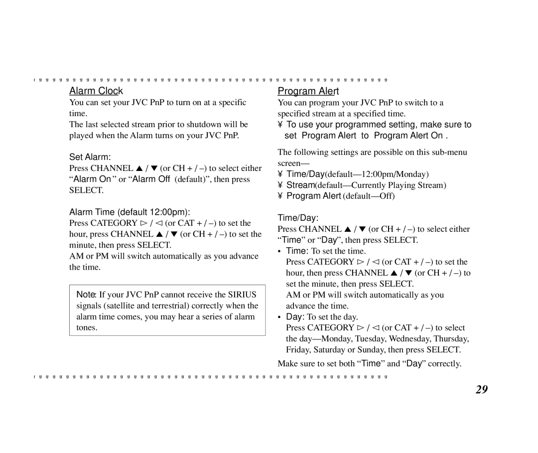JVC KT-SR1000 manual Alarm Clock, Set Alarm, Alarm Time default-1200pm, Program Alert default-Off Time/Day 