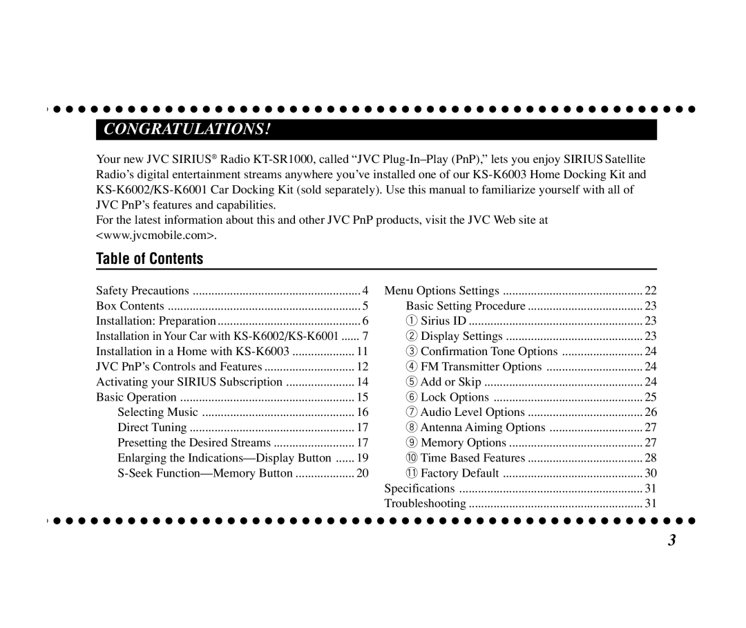 JVC KT-SR1000 manual Congratulations, Table of Contents 