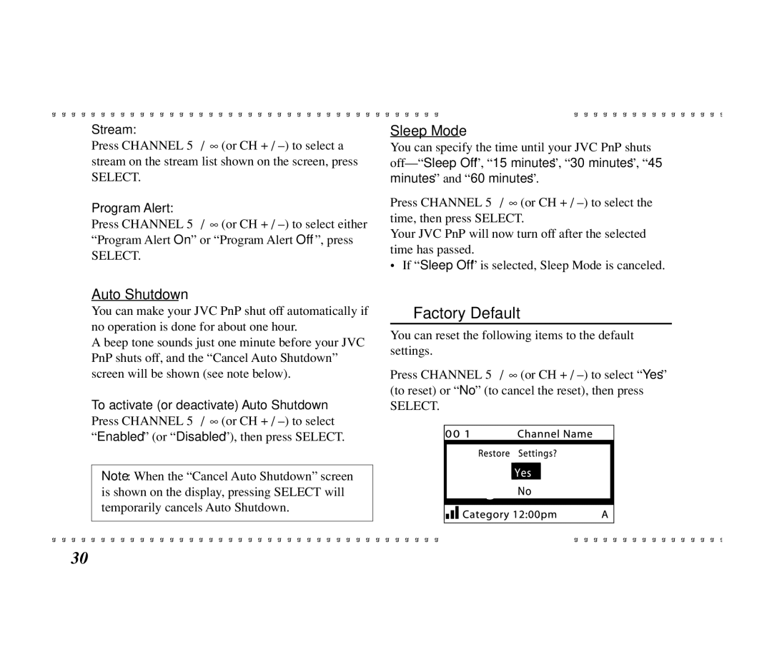 JVC KT-SR1000 manual Factory Default, Sleep Mode, Stream, To activate or deactivate Auto Shutdown 