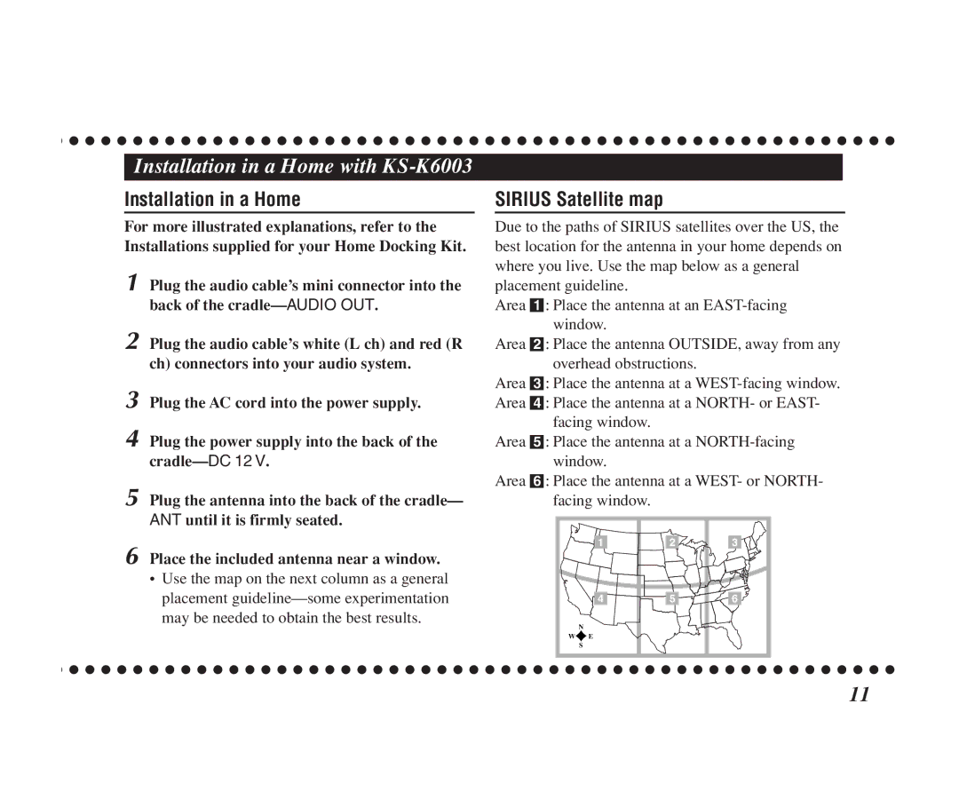 JVC KT-SR1000 manual Installation in a Home with KS-K6003, Sirius Satellite map 