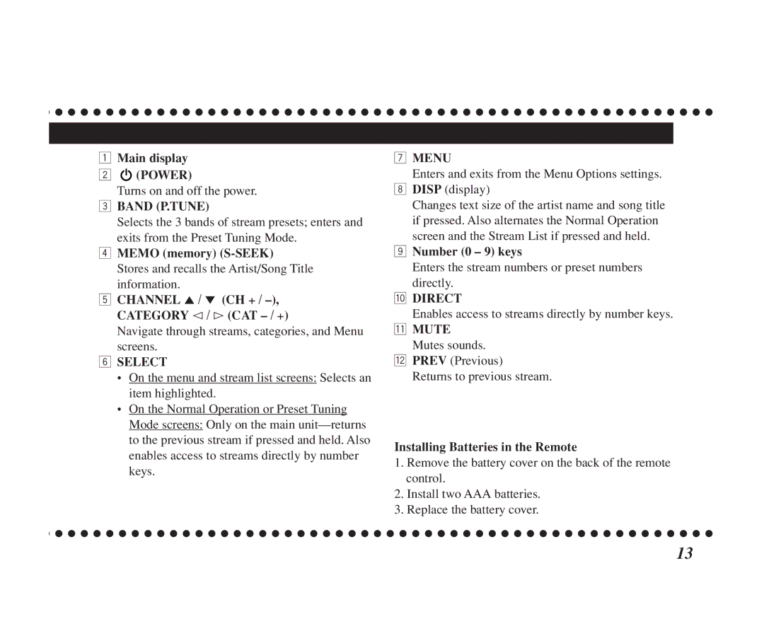 JVC KT-SR1000 Main display Power, Memo memory S-SEEK, Channel 5 / ∞ CH + / -, Category @ / # CAT / +, Number 0 9 keys 