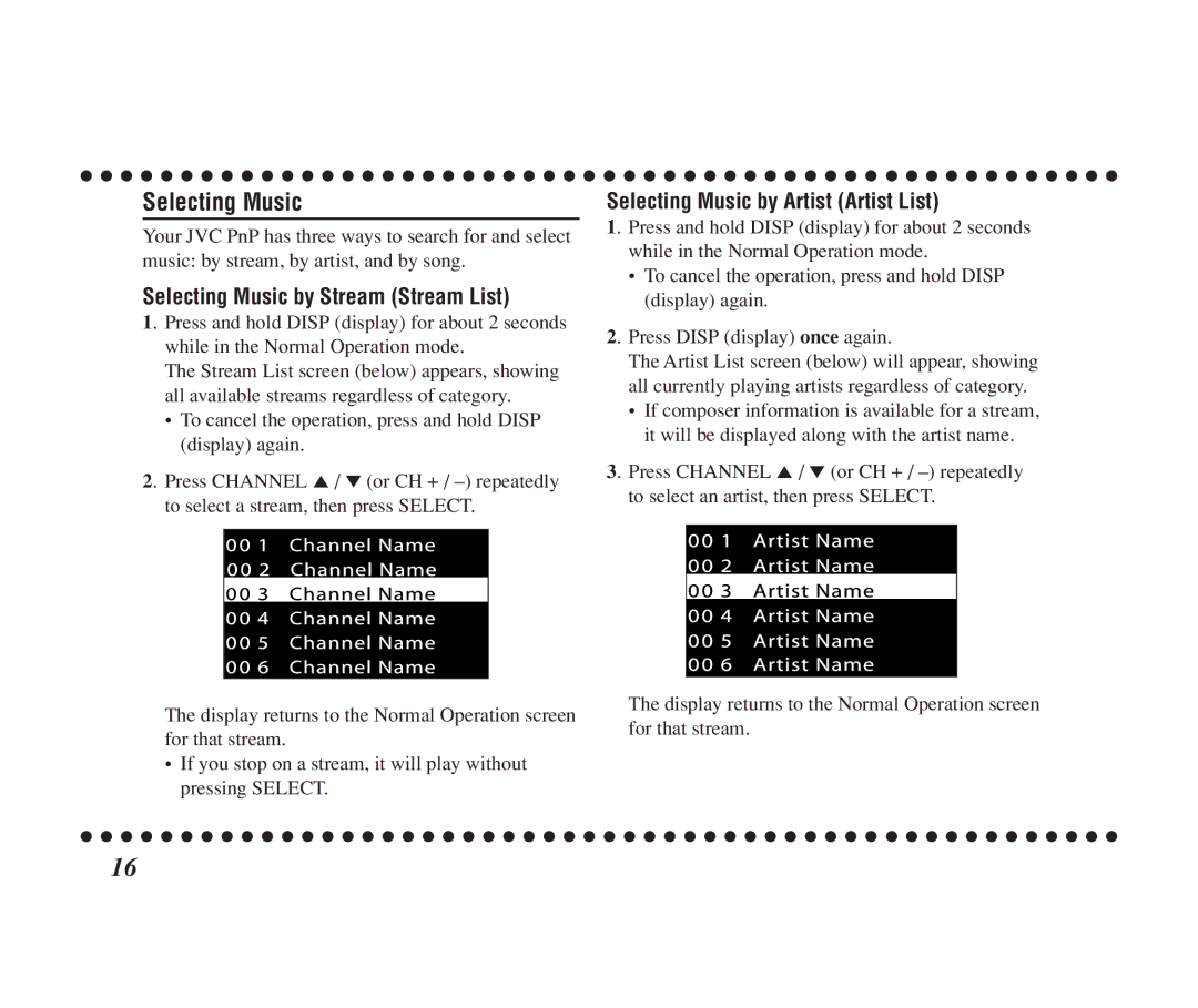 JVC KT-SR1000 manual Selecting Music by Stream Stream List, Selecting Music by Artist Artist List 