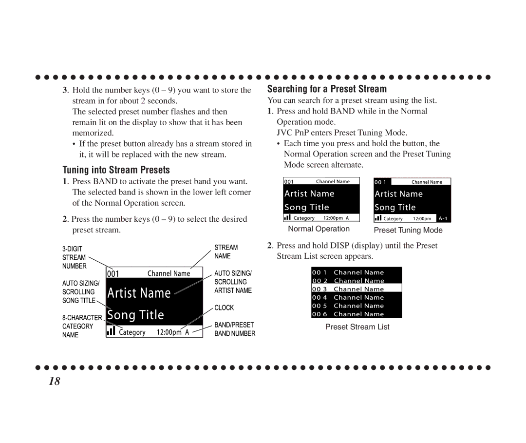 JVC KT-SR1000 manual Tuning into Stream Presets, Searching for a Preset Stream 