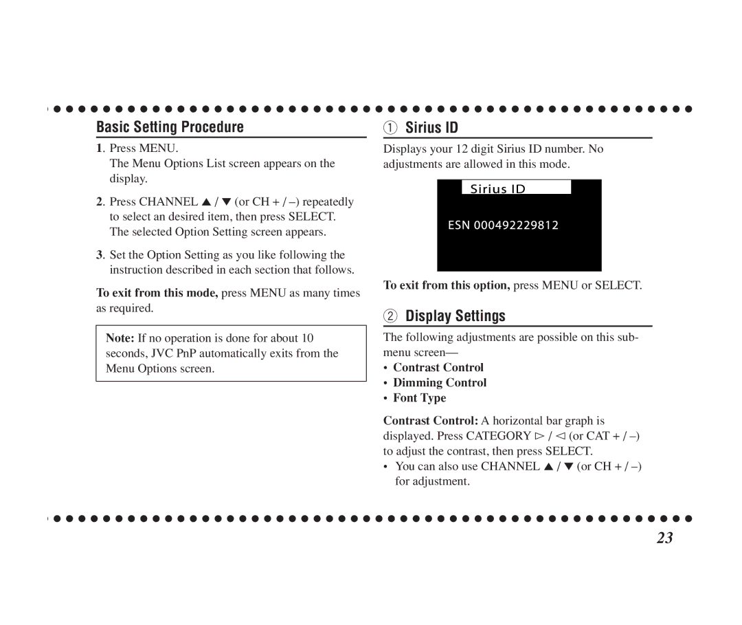 JVC KT-SR1000 manual Basic Setting Procedure, Sirius ID, Display Settings, To exit from this option, press Menu or Select 