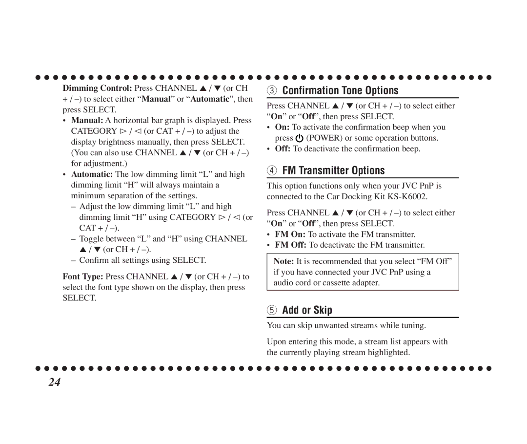 JVC KT-SR1000 manual Confirmation Tone Options, FM Transmitter Options, Add or Skip 