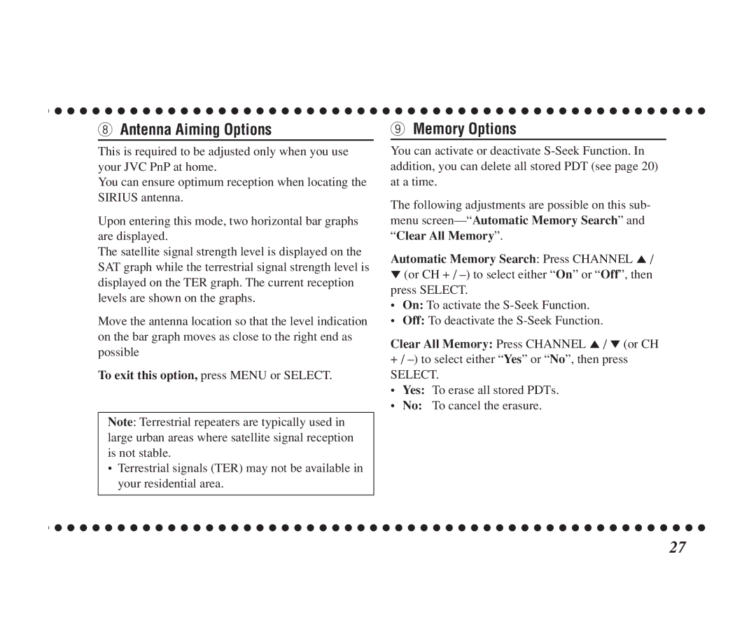 JVC KT-SR1000 manual Antenna Aiming Options, Memory Options, To exit this option, press Menu or Select 