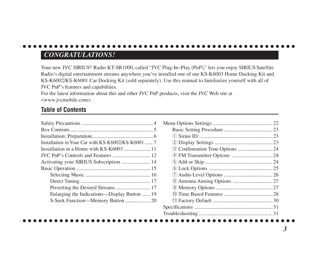 JVC KT-SR1000 manual Congratulations, Table of Contents 