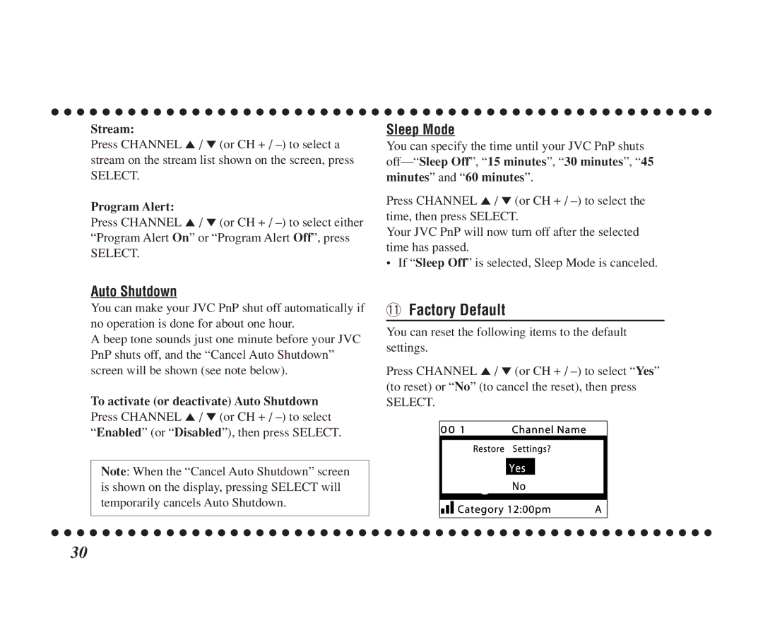 JVC KT-SR1000 manual Factory Default, Sleep Mode, Stream, To activate or deactivate Auto Shutdown 