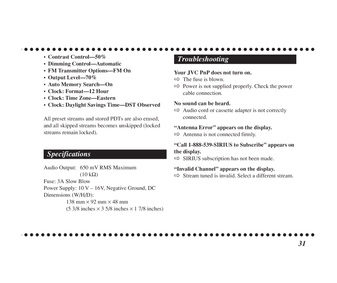 JVC KT-SR1000 manual Specifications, Troubleshooting 