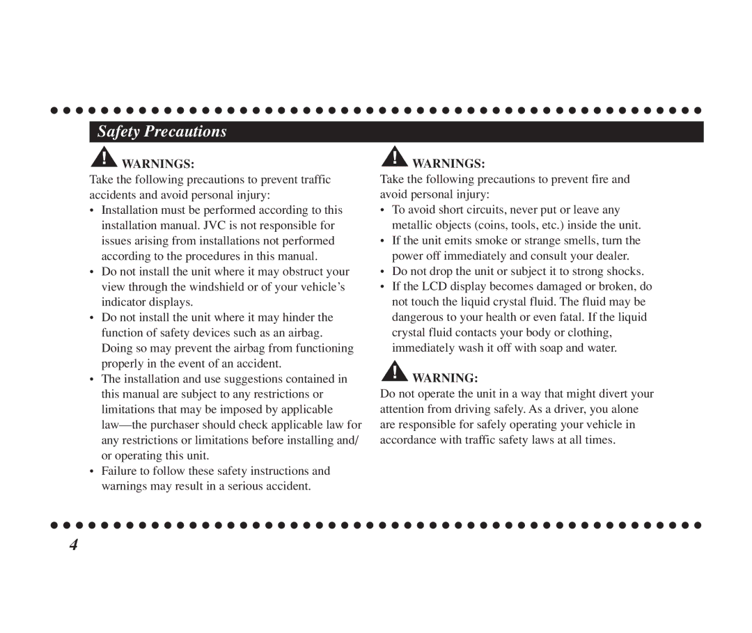 JVC KT-SR1000 manual Safety Precautions 