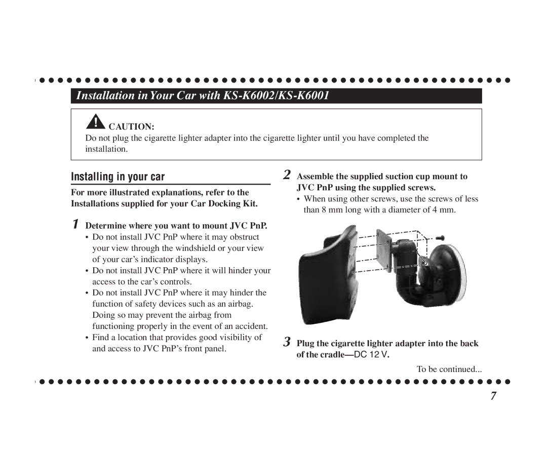 JVC KT-SR1000 manual Installation in Your Car with KS-K6002/KS-K6001, Installing in your car 