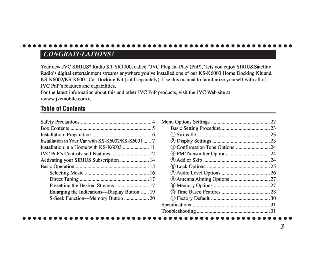 JVC KT-SR1000 manual Congratulations, Table of Contents 