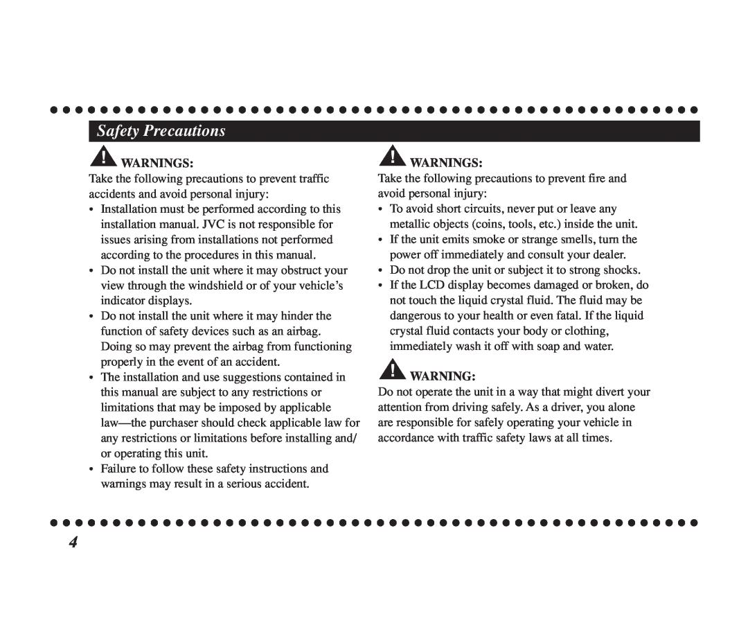 JVC KT-SR1000 manual Safety Precautions, Warnings 