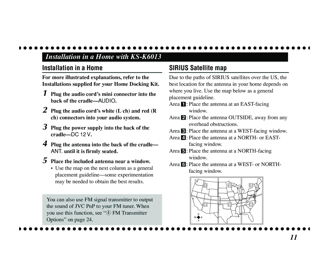 JVC KT-SR2000 manual Installation in a Home with KS-K6013, Sirius Satellite map 