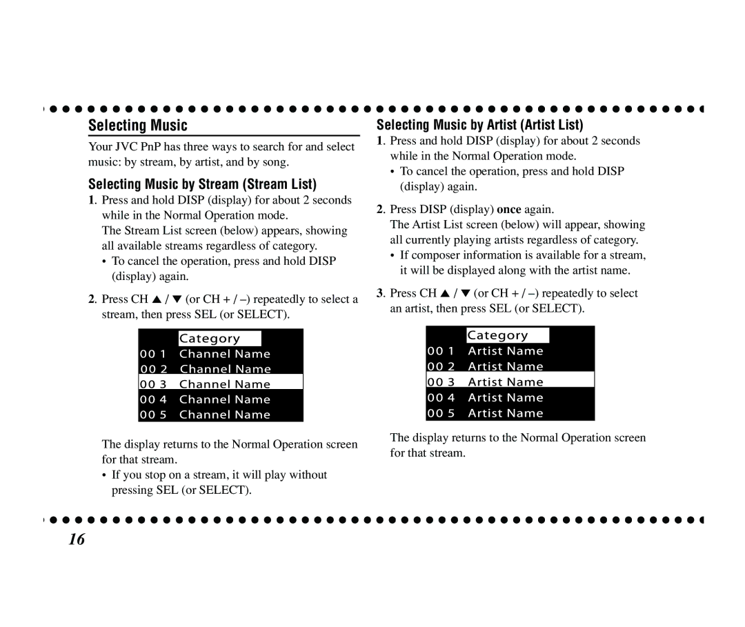 JVC KT-SR2000 manual Selecting Music by Stream Stream List, Selecting Music by Artist Artist List 