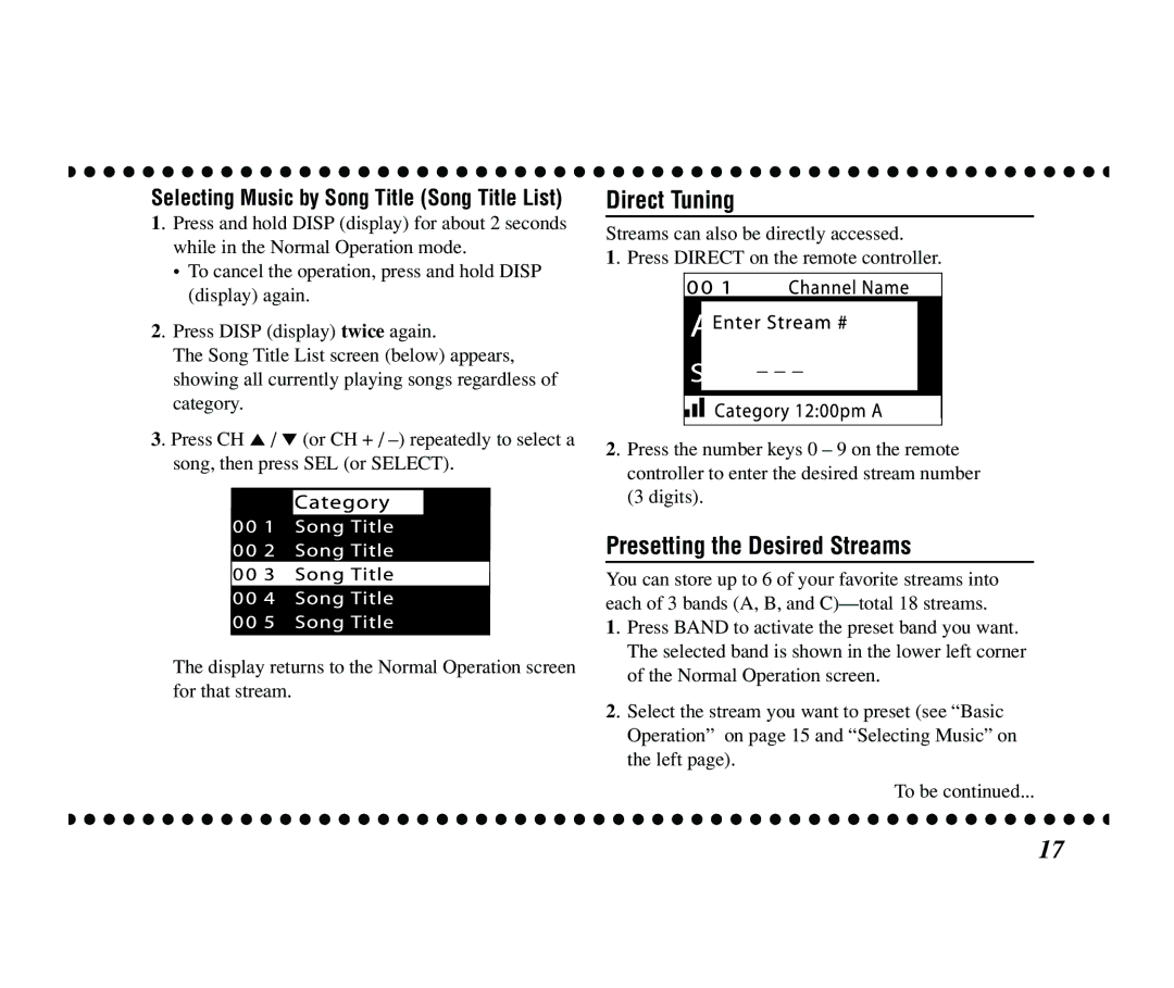 JVC KT-SR2000 manual Direct Tuning, Presetting the Desired Streams 