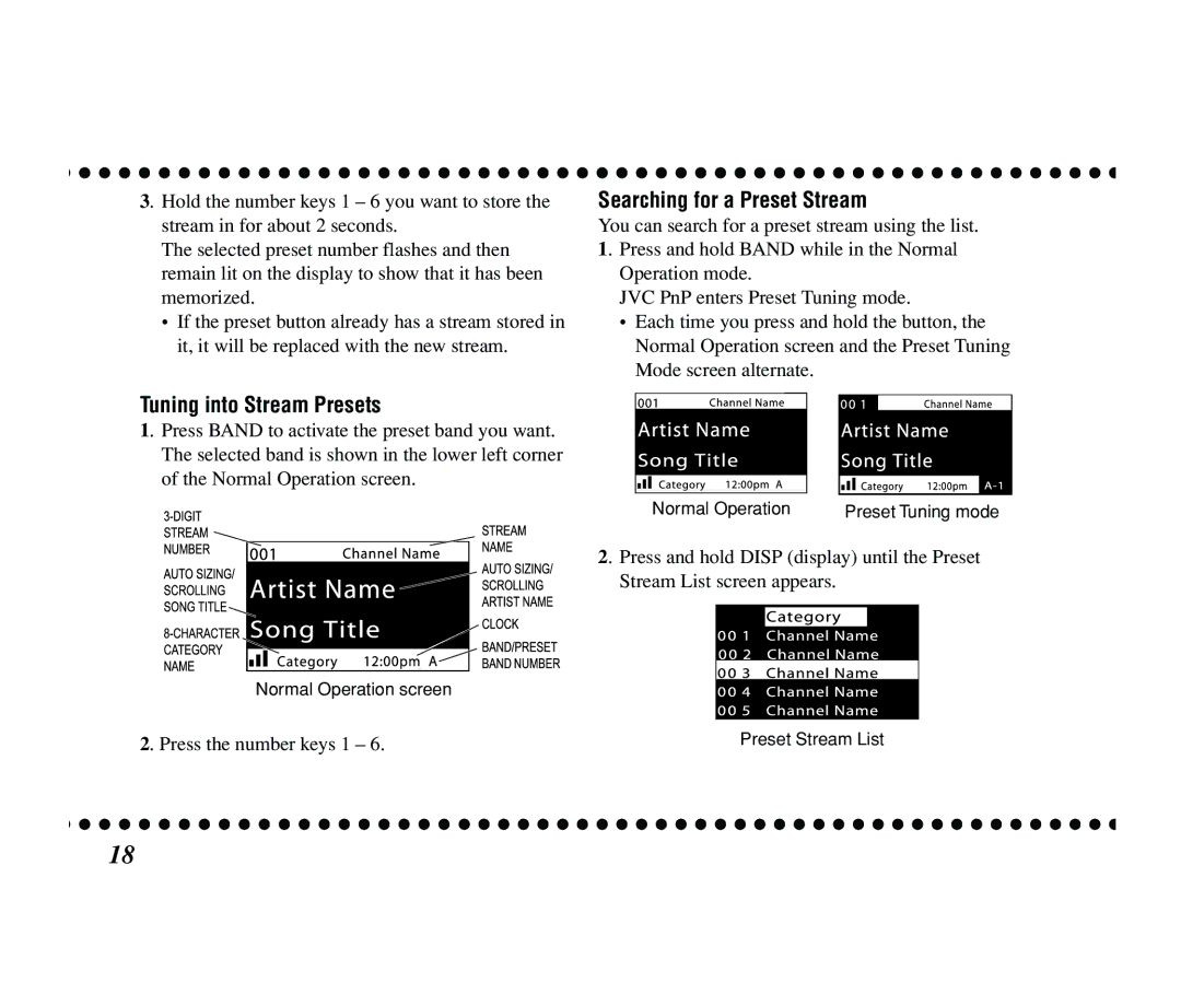 JVC KT-SR2000 manual Tuning into Stream Presets, Searching for a Preset Stream 