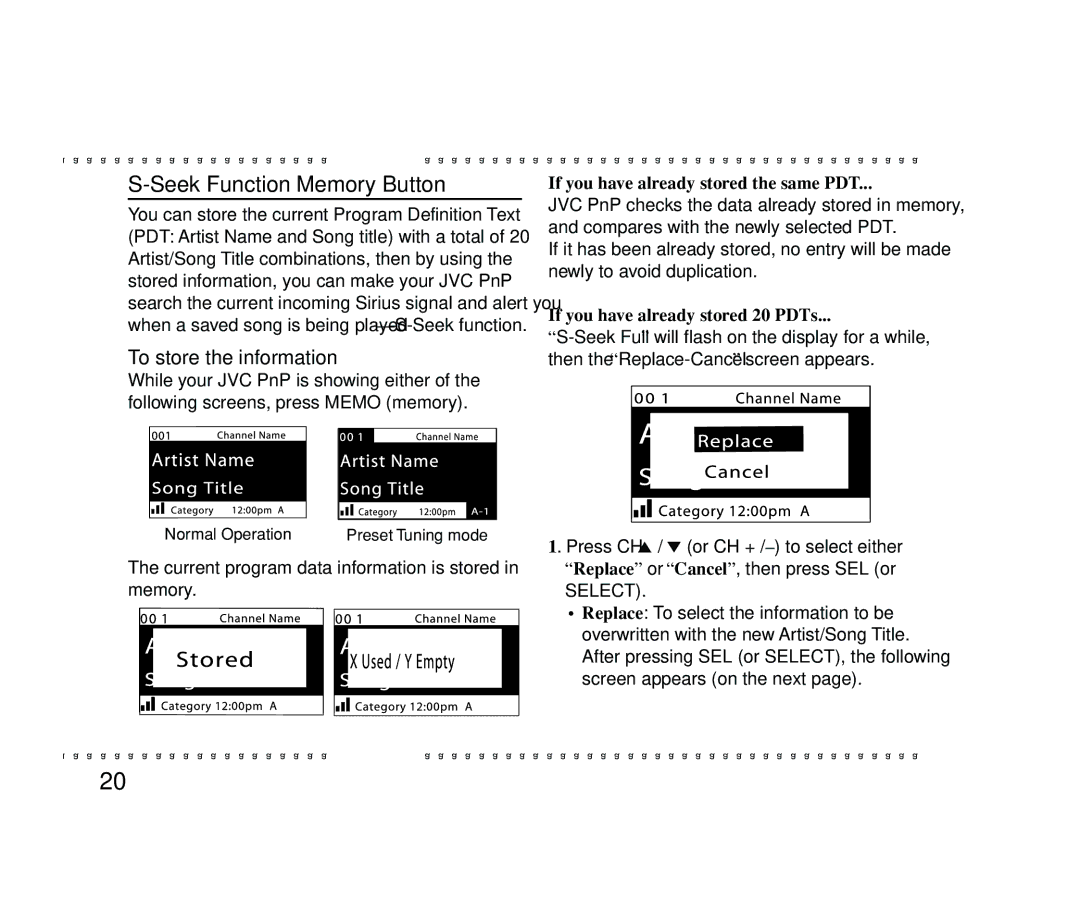 JVC KT-SR2000 manual Seek Function-Memory Button, To store the information, If you have already stored the same PDT 