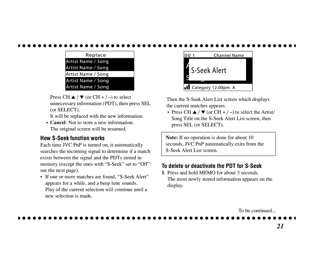 JVC KT-SR2000 manual How S-Seek function works, To delete or deactivate the PDT for S-Seek 