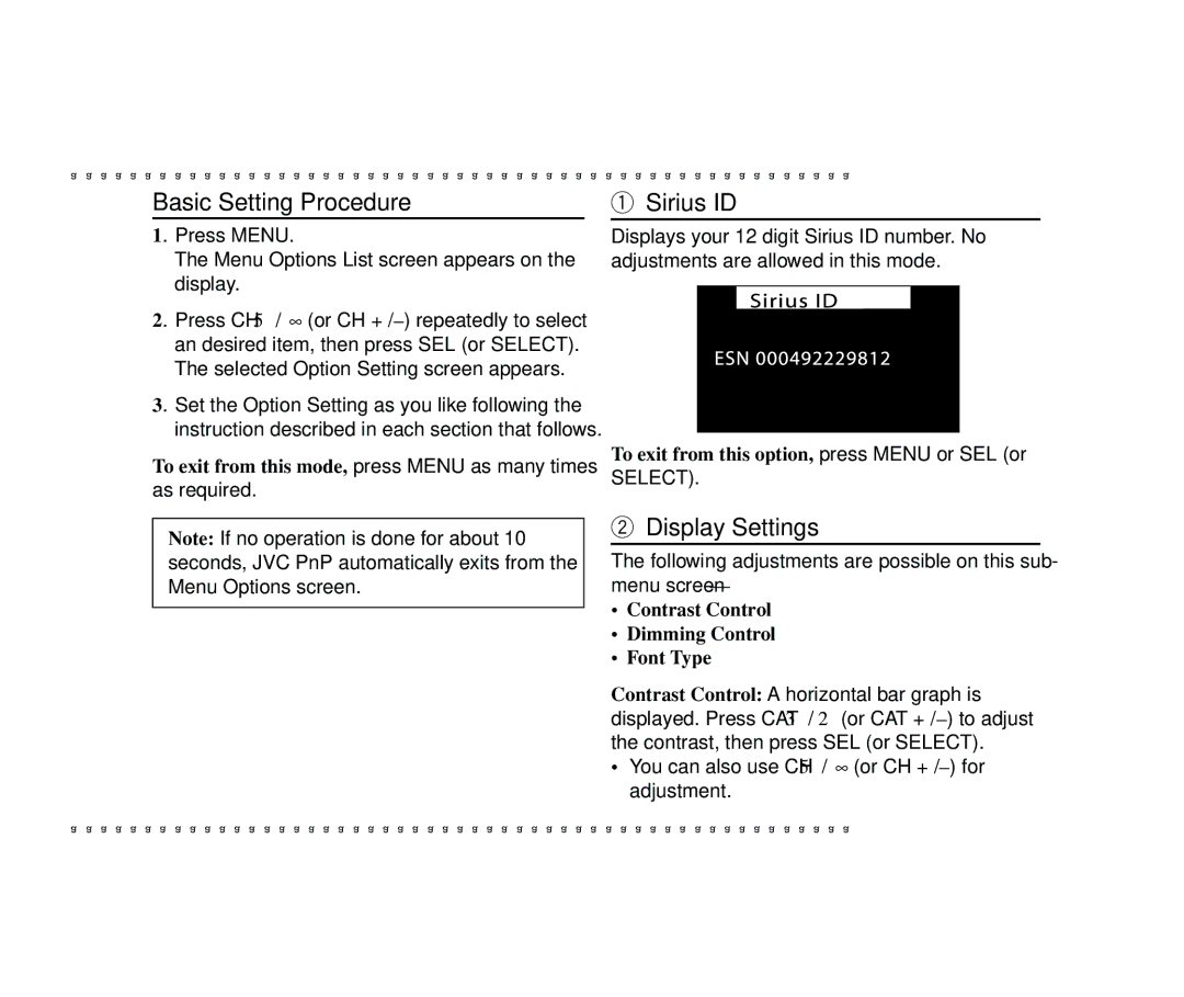 JVC KT-SR2000 manual Basic Setting Procedure, Sirius ID, Display Settings, To exit from this option, press Menu or SEL or 