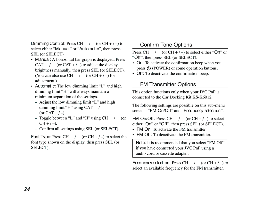 JVC KT-SR2000 manual Confirm Tone Options, FM Transmitter Options 