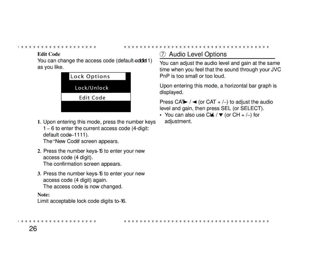 JVC KT-SR2000 manual Audio Level Options, Edit Code 