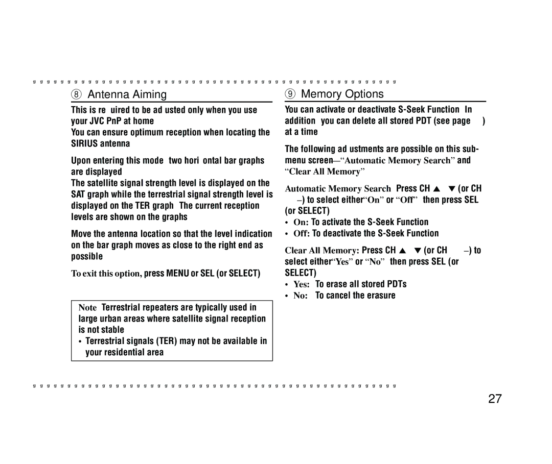 JVC KT-SR2000 manual Antenna Aiming, Memory Options, Automatic Memory Search Press CH 5 / ∞ or CH 