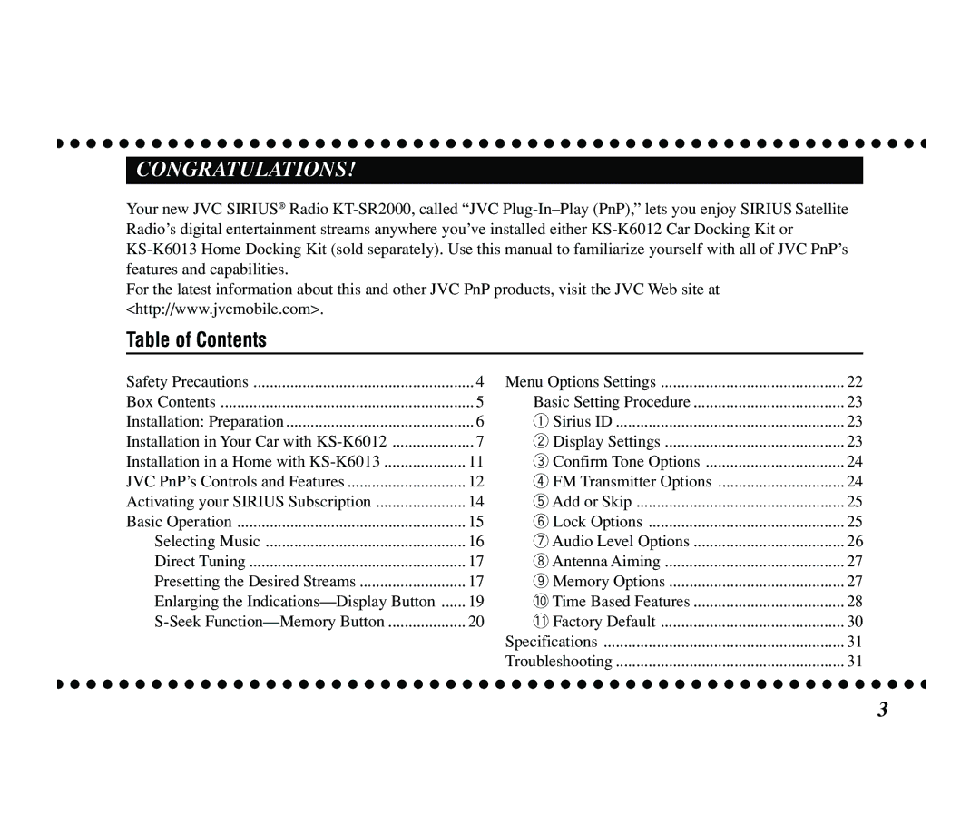 JVC KT-SR2000 manual Congratulations, Table of Contents 