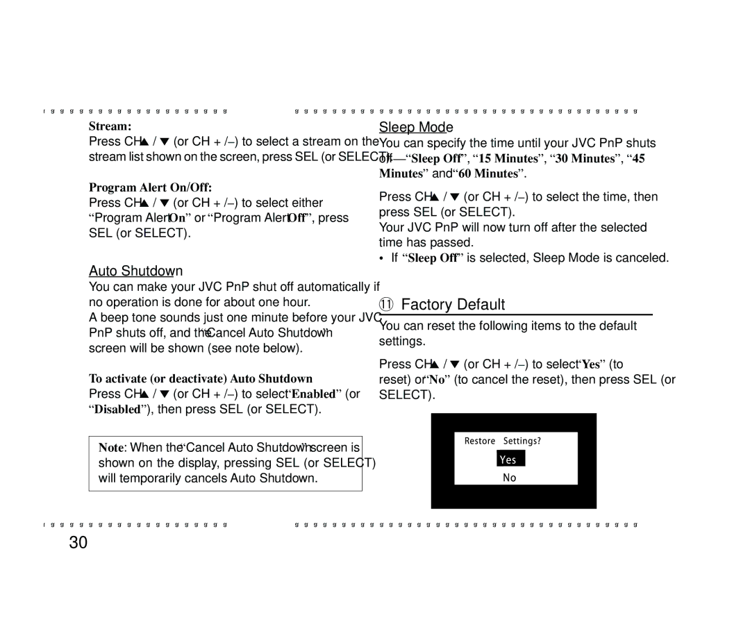 JVC KT-SR2000 manual Factory Default, Auto Shutdown, Sleep Mode 