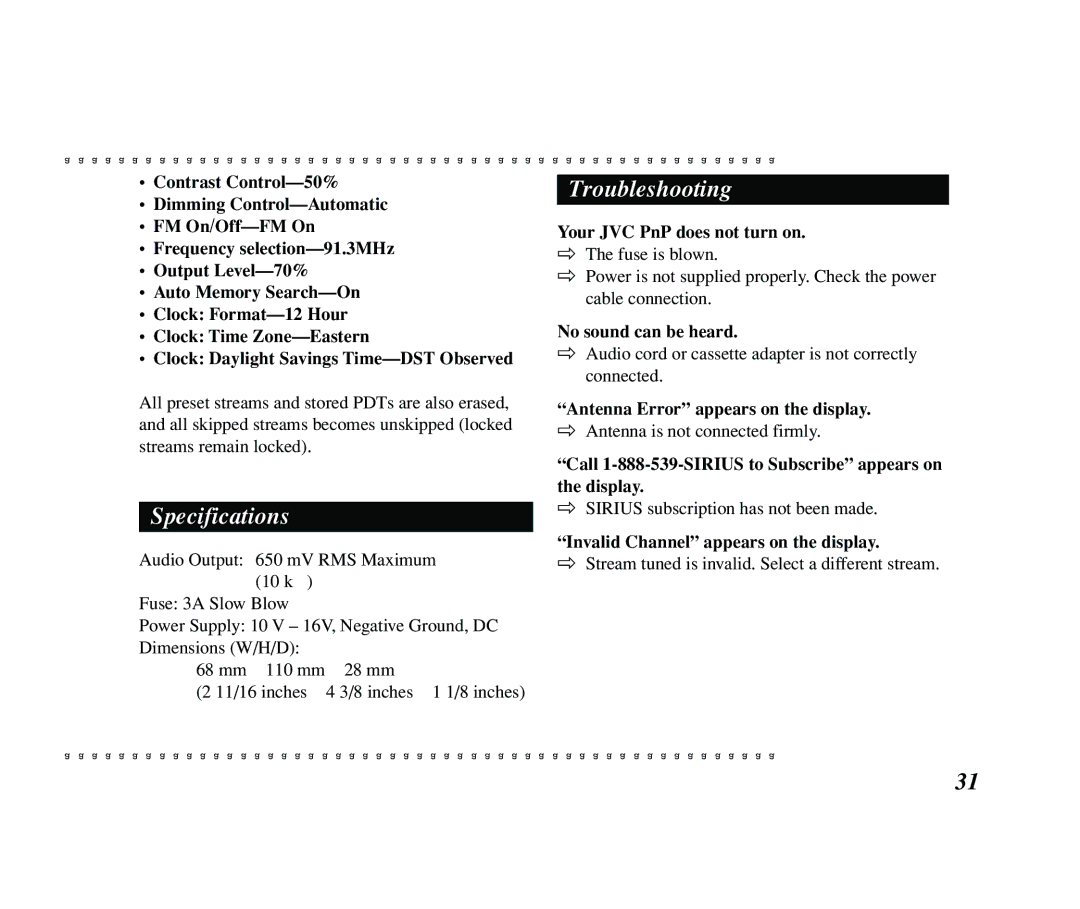 JVC KT-SR2000 manual Specifications, Troubleshooting 