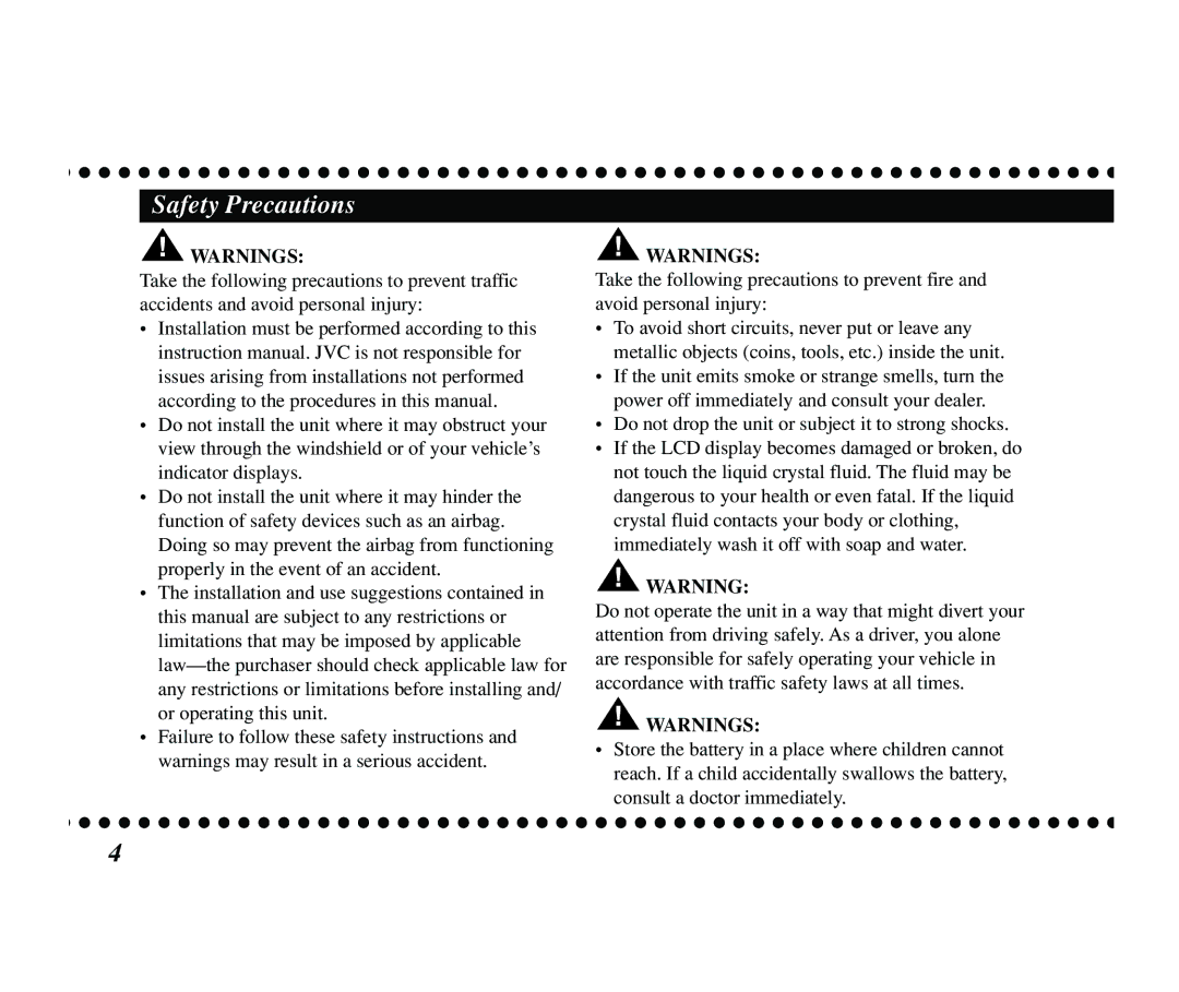 JVC KT-SR2000 manual Safety Precautions 