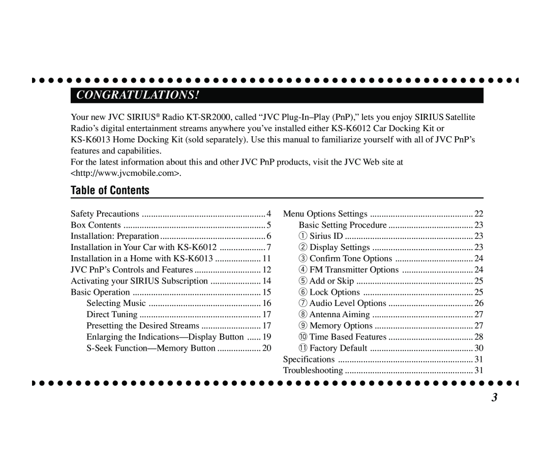 JVC KT-SR2000 manual Congratulations, Table of Contents 