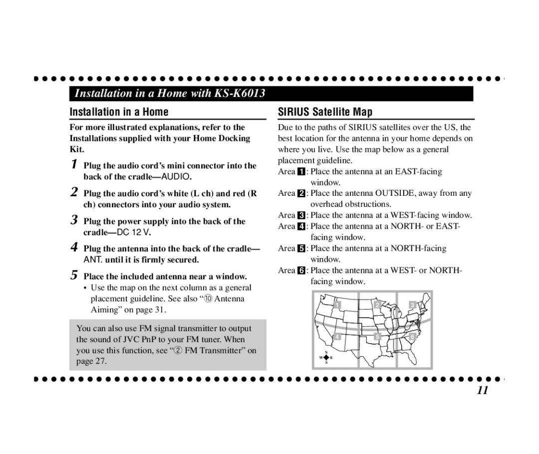 JVC KT-SR3000 manual Installation in a Home with KS-K6013, Sirius Satellite Map 
