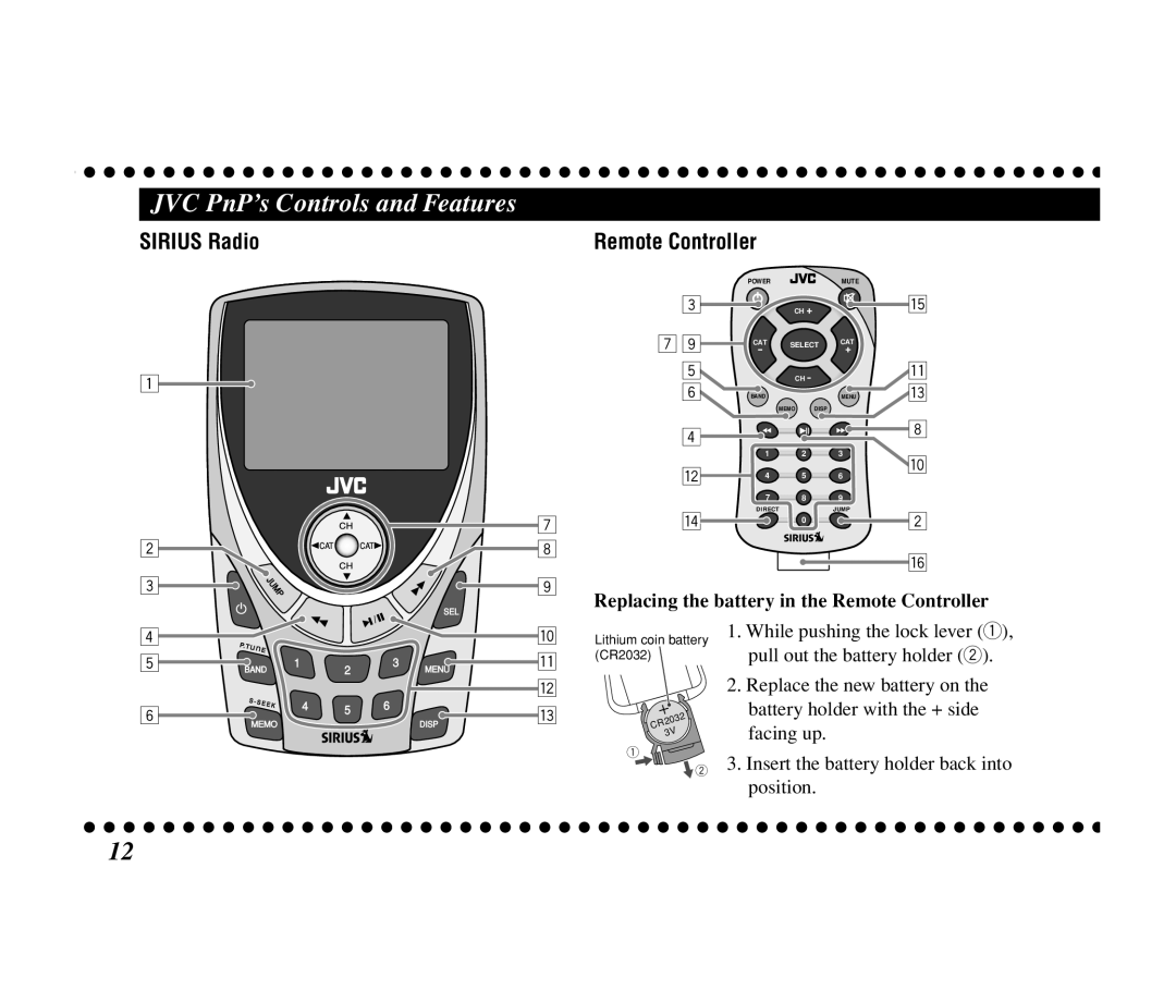 JVC KT-SR3000 manual JVC PnP’s Controls and Features, Sirius Radio Remote Controller 