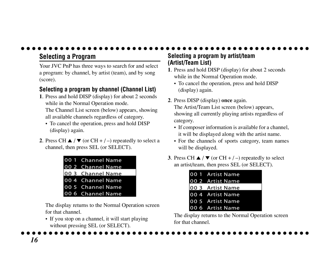 JVC KT-SR3000 manual Selecting a Program, Selecting a program by artist/team Artist/Team List 