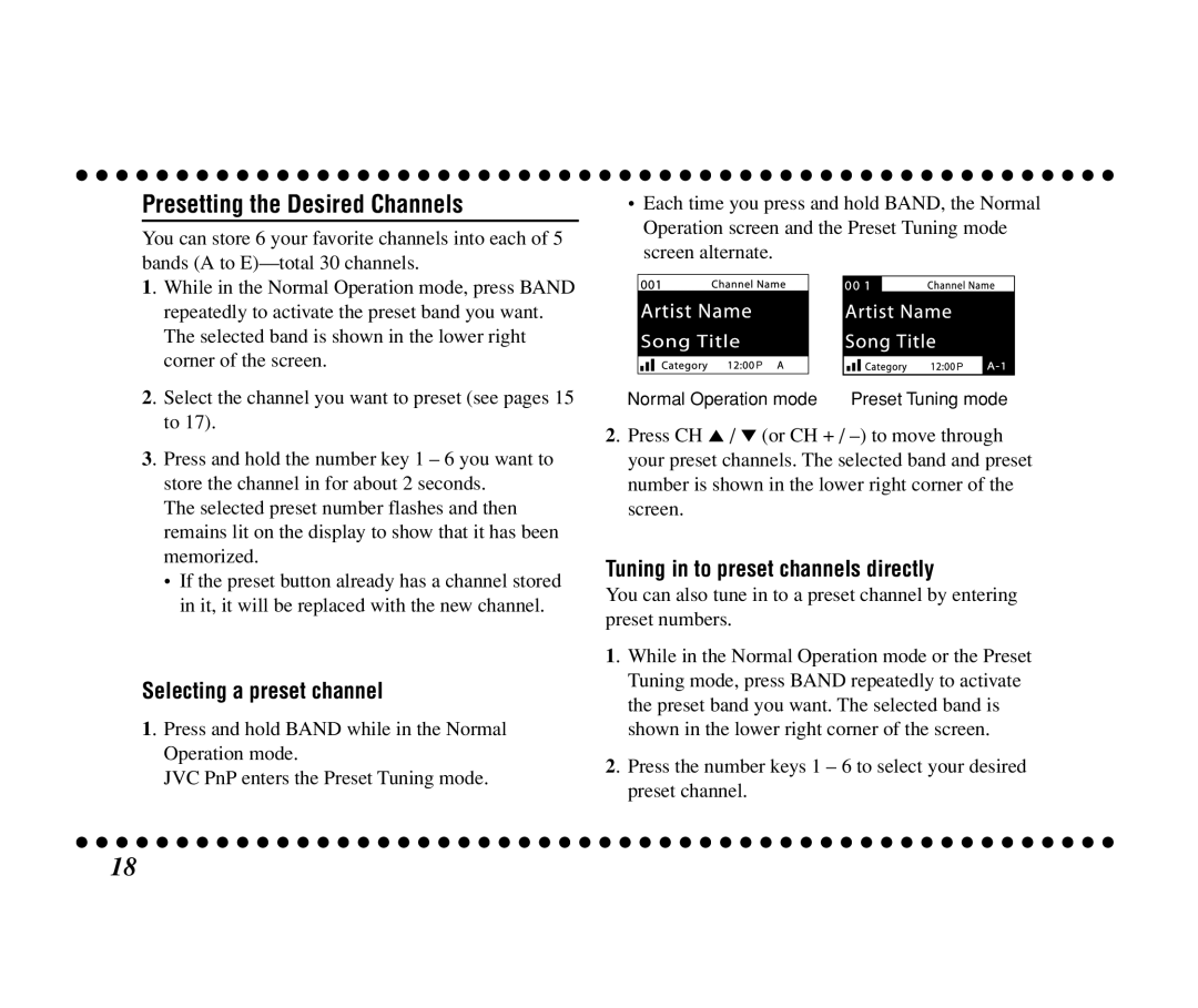 JVC KT-SR3000 manual Presetting the Desired Channels, Selecting a preset channel, Tuning in to preset channels directly 