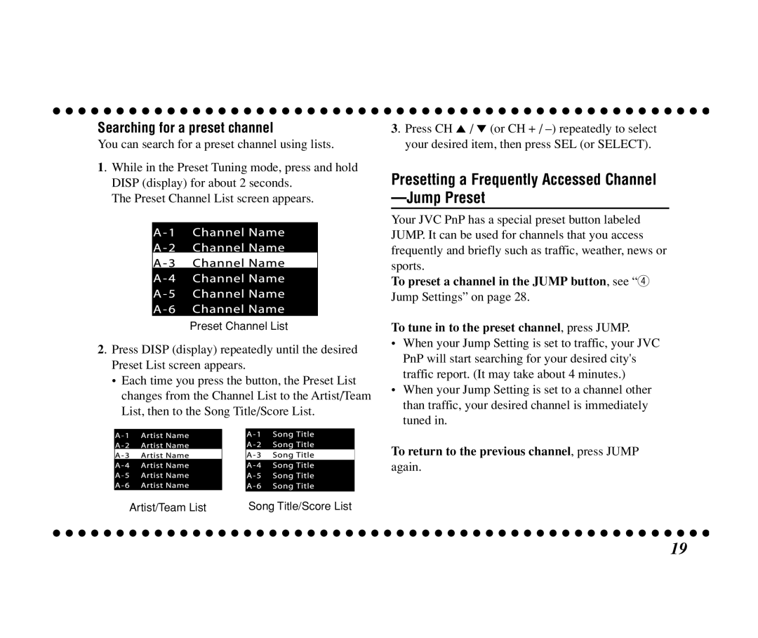 JVC KT-SR3000 manual Presetting a Frequently Accessed Channel -Jump Preset, Searching for a preset channel 