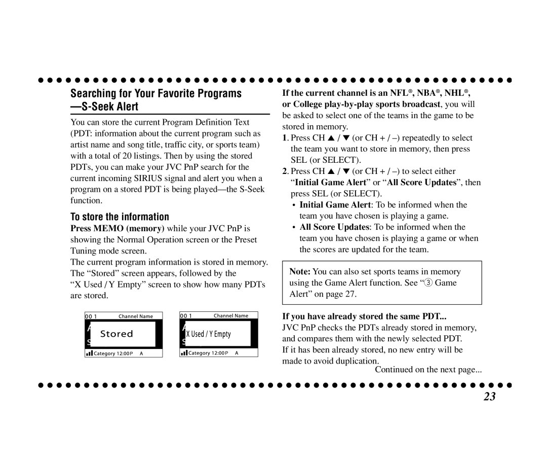 JVC KT-SR3000 manual Searching for Your Favorite Programs -S-Seek Alert, To store the information 