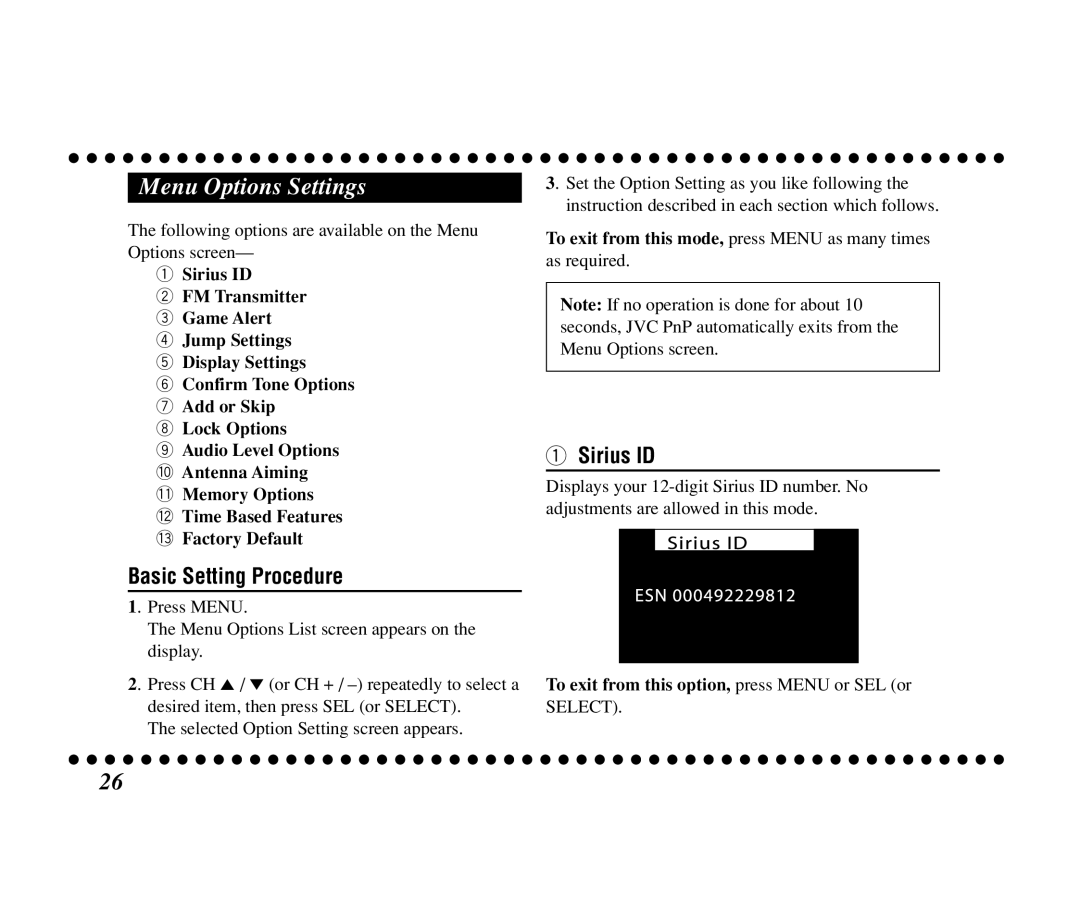 JVC KT-SR3000 Menu Options Settings, Basic Setting Procedure, Sirius ID, To exit from this option, press Menu or SEL or 