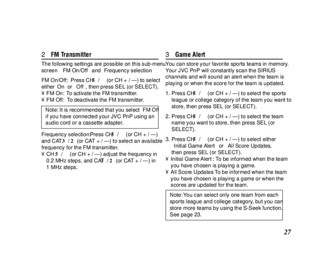 JVC KT-SR3000 manual FM Transmitter, Game Alert 