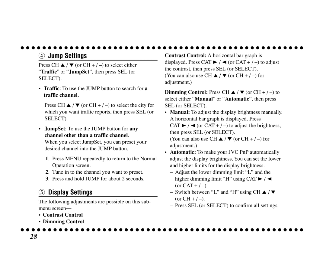 JVC KT-SR3000 manual Jump Settings, Display Settings, Contrast Control Dimming Control 