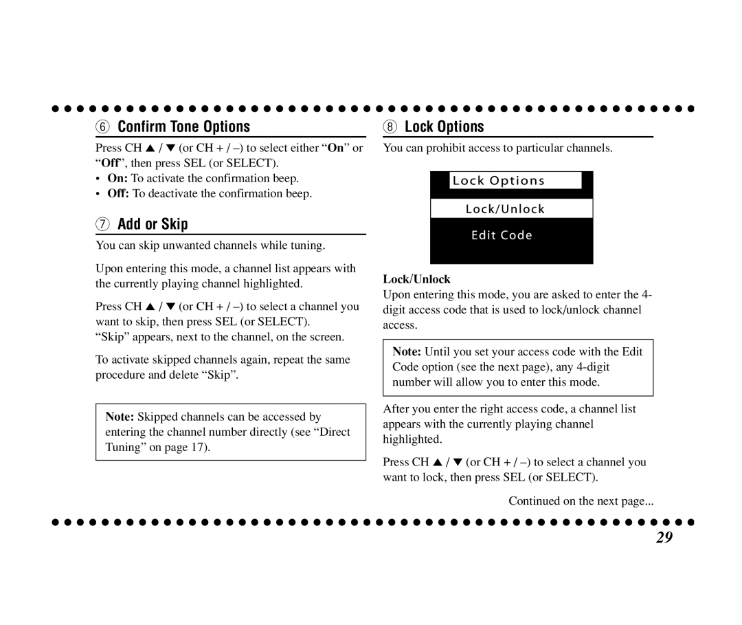 JVC KT-SR3000 manual Confirm Tone Options, Add or Skip, Lock Options, Lock/Unlock 