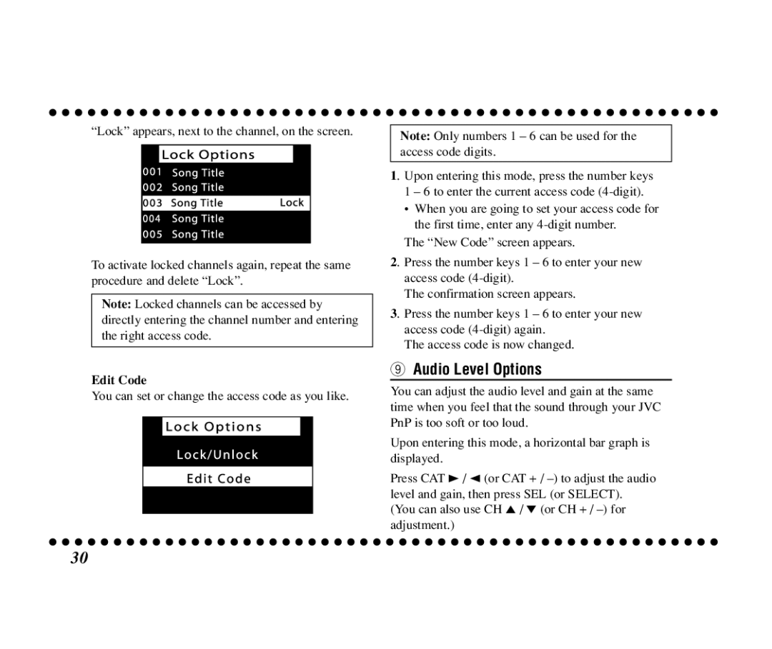 JVC KT-SR3000 manual Audio Level Options, Edit Code 