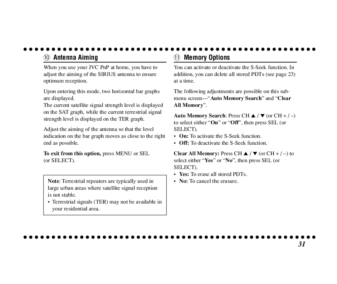 JVC KT-SR3000 manual Antenna Aiming, Memory Options, To exit from this option, press Menu or SEL or Select 